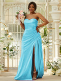 Sheath/Column Silk like Satin Ruched Sweetheart Sleeveless Sweep/Brush Train Bridesmaid Dresses Evening Dress