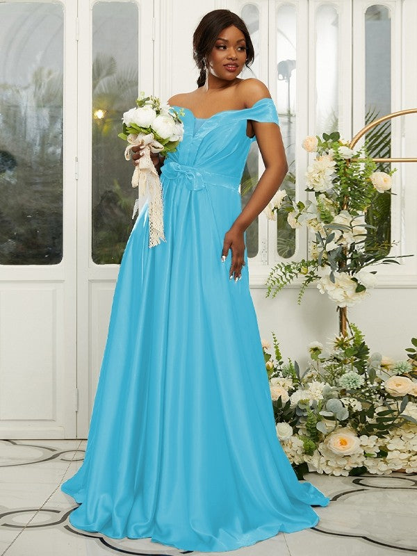 A-Line/Princess Silk like Satin Ruffles Off-the-Shoulder Sleeveless Sweep/Brush Train Bridesmaid Dresses Evening Dress