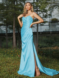 Sheath/Column Silk like Satin Ruched Sweetheart Sleeveless Sweep/Brush Train Bridesmaid Dresses Evening Dress