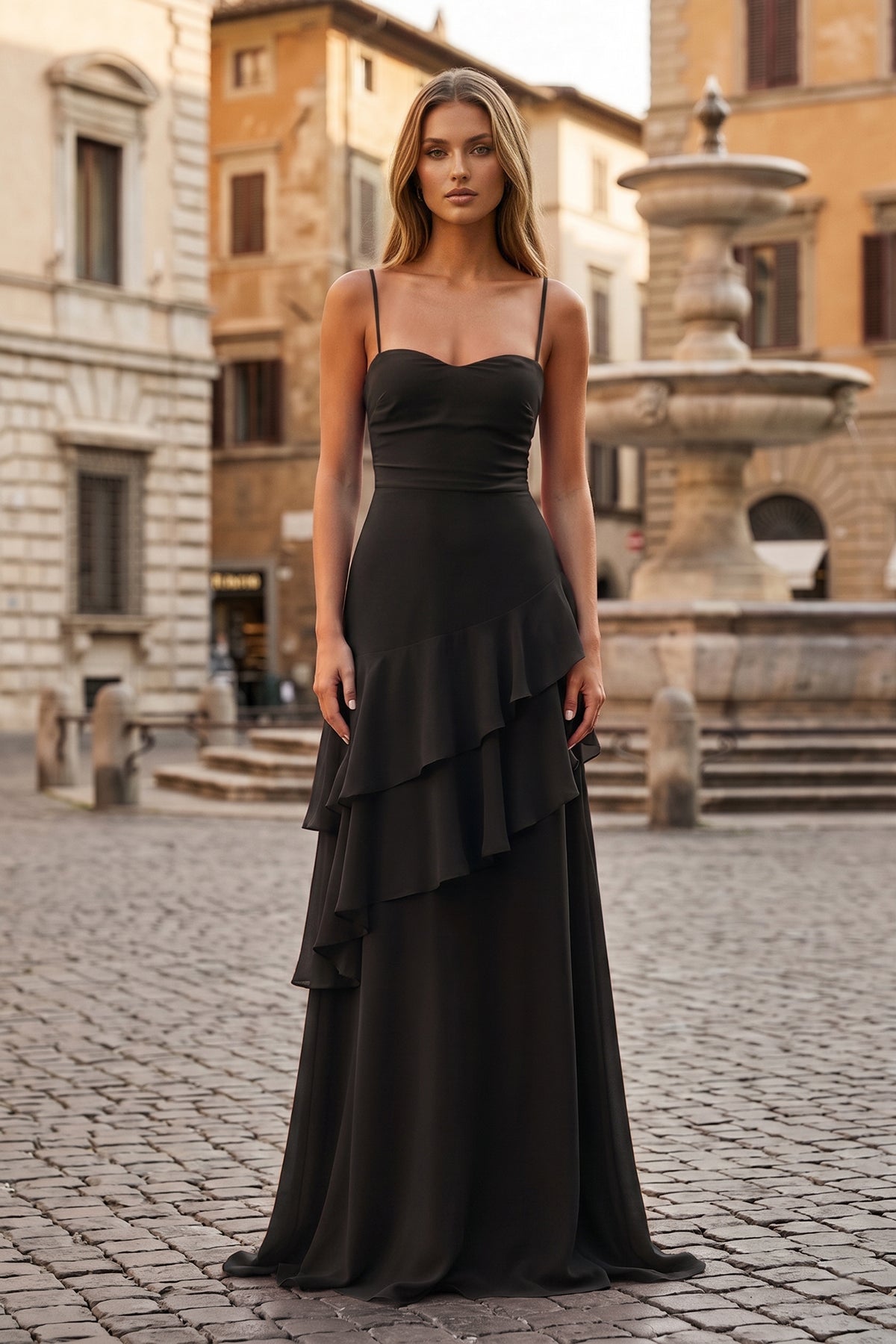 Red Sheath Spaghetti Straps Chiffon Long Prom Dresses with Ruffles