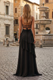 Red Sheath Spaghetti Straps Chiffon Long Prom Dresses with Ruffles
