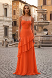 Red Sheath Spaghetti Straps Chiffon Long Prom Dresses with Ruffles