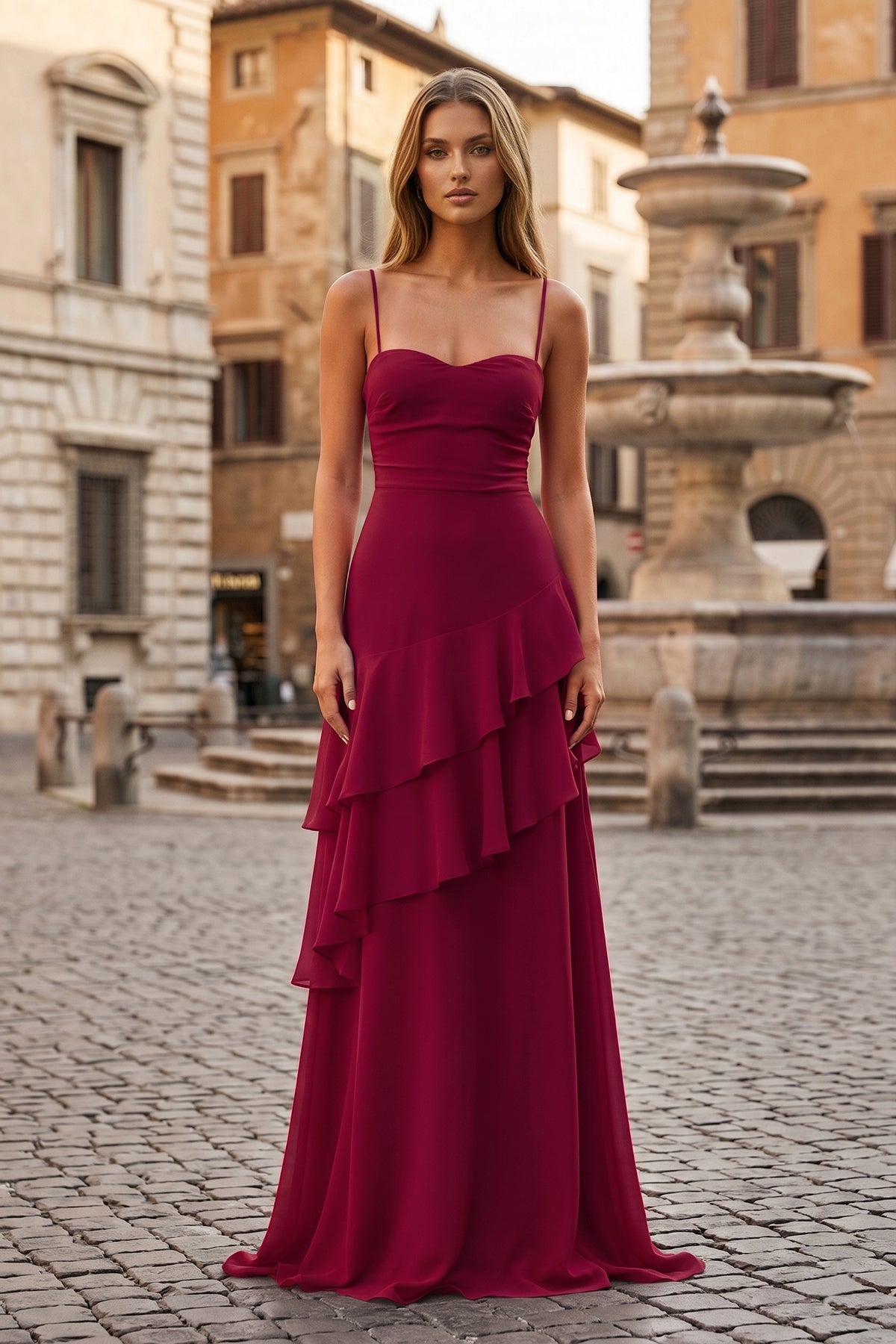 Red Sheath Spaghetti Straps Chiffon Long Prom Dresses with Ruffles