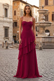 Red Sheath Spaghetti Straps Chiffon Long Prom Dresses with Ruffles