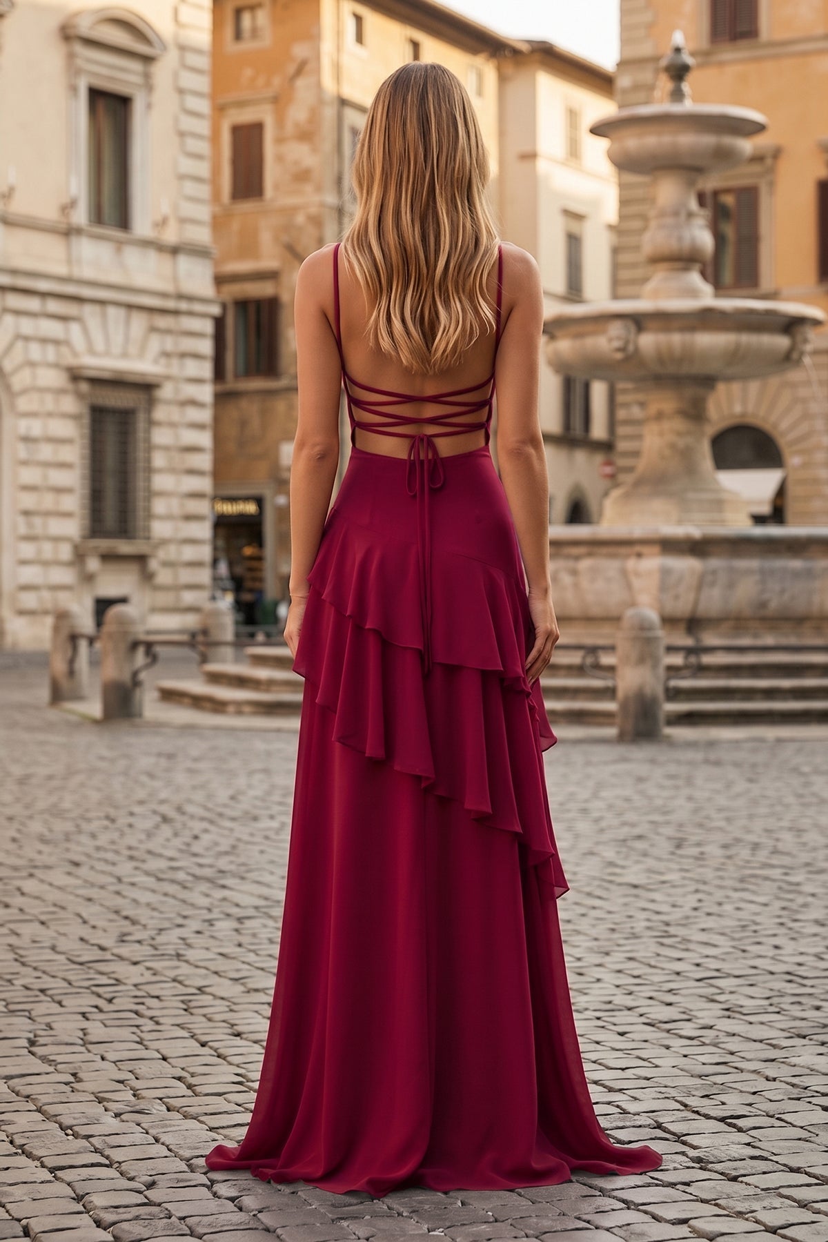 Red Sheath Spaghetti Straps Chiffon Long Prom Dresses with Ruffles