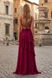 Red Sheath Spaghetti Straps Chiffon Long Prom Dresses with Ruffles