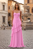 Red Sheath Spaghetti Straps Chiffon Long Prom Dresses with Ruffles