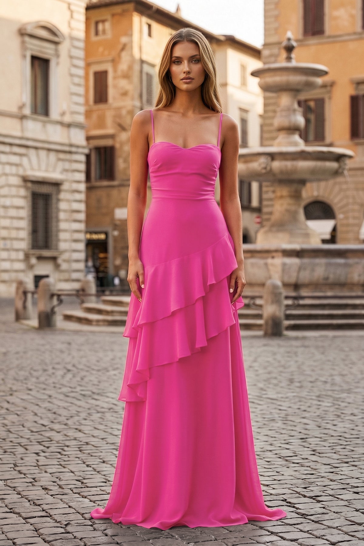 Red Sheath Spaghetti Straps Chiffon Long Prom Dresses with Ruffles