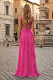 Red Sheath Spaghetti Straps Chiffon Long Prom Dresses with Ruffles