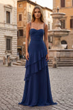 Red Sheath Spaghetti Straps Chiffon Long Prom Dresses with Ruffles