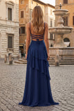 Red Sheath Spaghetti Straps Chiffon Long Prom Dresses with Ruffles
