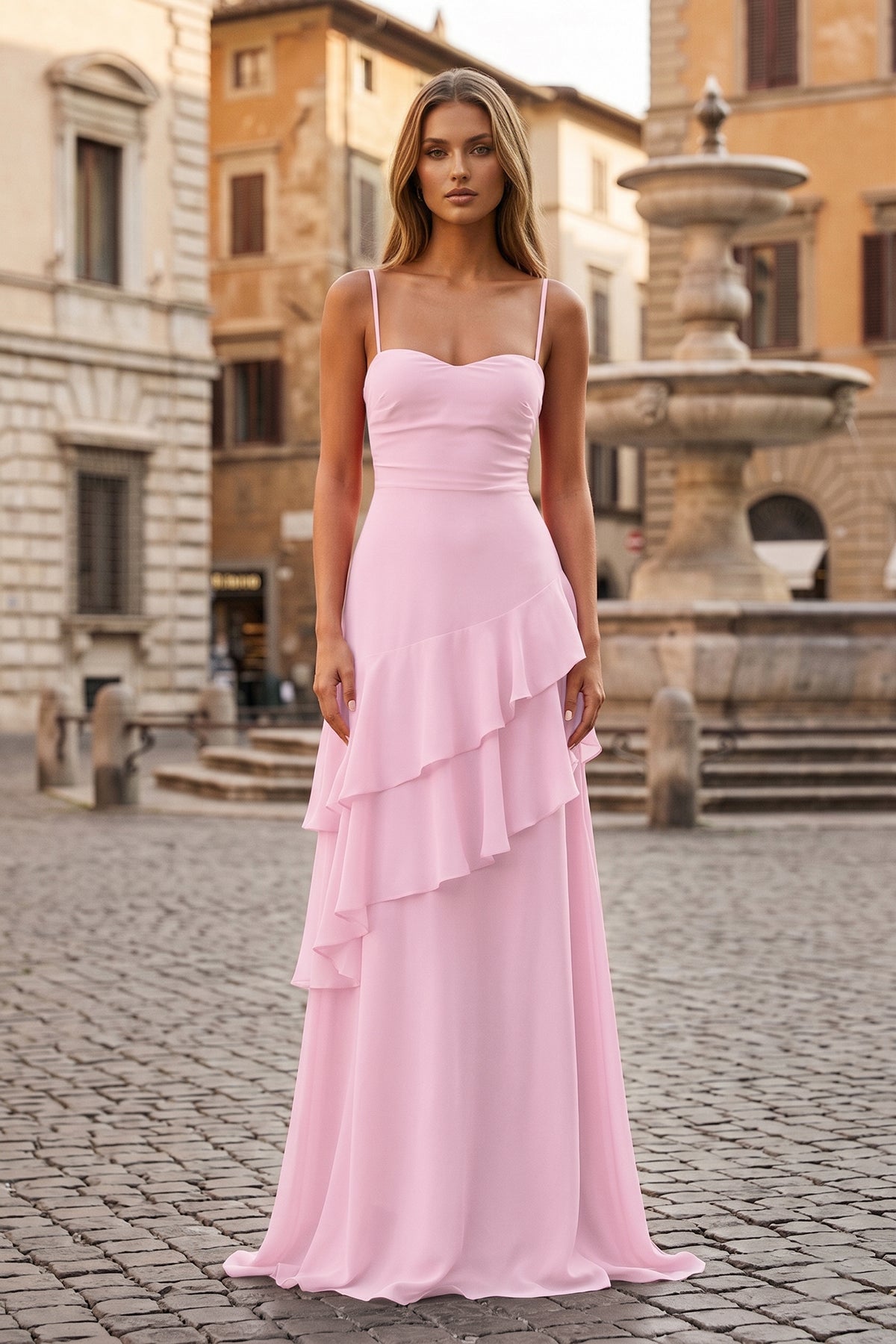 Red Sheath Spaghetti Straps Chiffon Long Prom Dresses with Ruffles