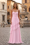 Red Sheath Spaghetti Straps Chiffon Long Prom Dresses with Ruffles