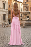 Red Sheath Spaghetti Straps Chiffon Long Prom Dresses with Ruffles