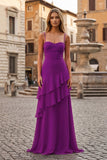 Red Sheath Spaghetti Straps Chiffon Long Prom Dresses with Ruffles