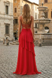Red Sheath Spaghetti Straps Chiffon Long Prom Dresses with Ruffles