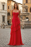 Red Sheath Spaghetti Straps Chiffon Long Prom Dresses with Ruffles
