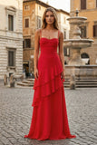 Red Sheath Spaghetti Straps Chiffon Long Prom Dresses with Ruffles
