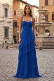 Red Sheath Spaghetti Straps Chiffon Long Prom Dresses with Ruffles