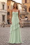 Red Sheath Spaghetti Straps Chiffon Long Prom Dresses with Ruffles