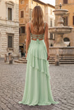 Red Sheath Spaghetti Straps Chiffon Long Prom Dresses with Ruffles