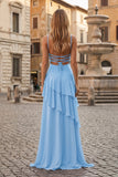 Red Sheath Spaghetti Straps Chiffon Long Prom Dresses with Ruffles