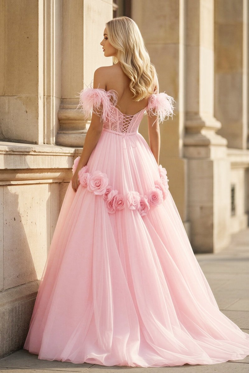 PRINCESS A-LINE OFF THE SHOULDER LACE TULLE PROM DRESS