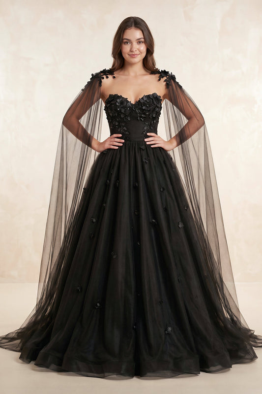 Gown Black Gothic Wedding Dress 3D Flowers Tulle With Cape