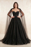 Gown Black Gothic Wedding Dress 3D Flowers Tulle With Cape