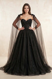 Gown Black Gothic Wedding Dress 3D Flowers Tulle With Cape