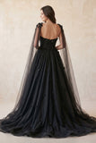 Gown Black Gothic Wedding Dress 3D Flowers Tulle With Cape