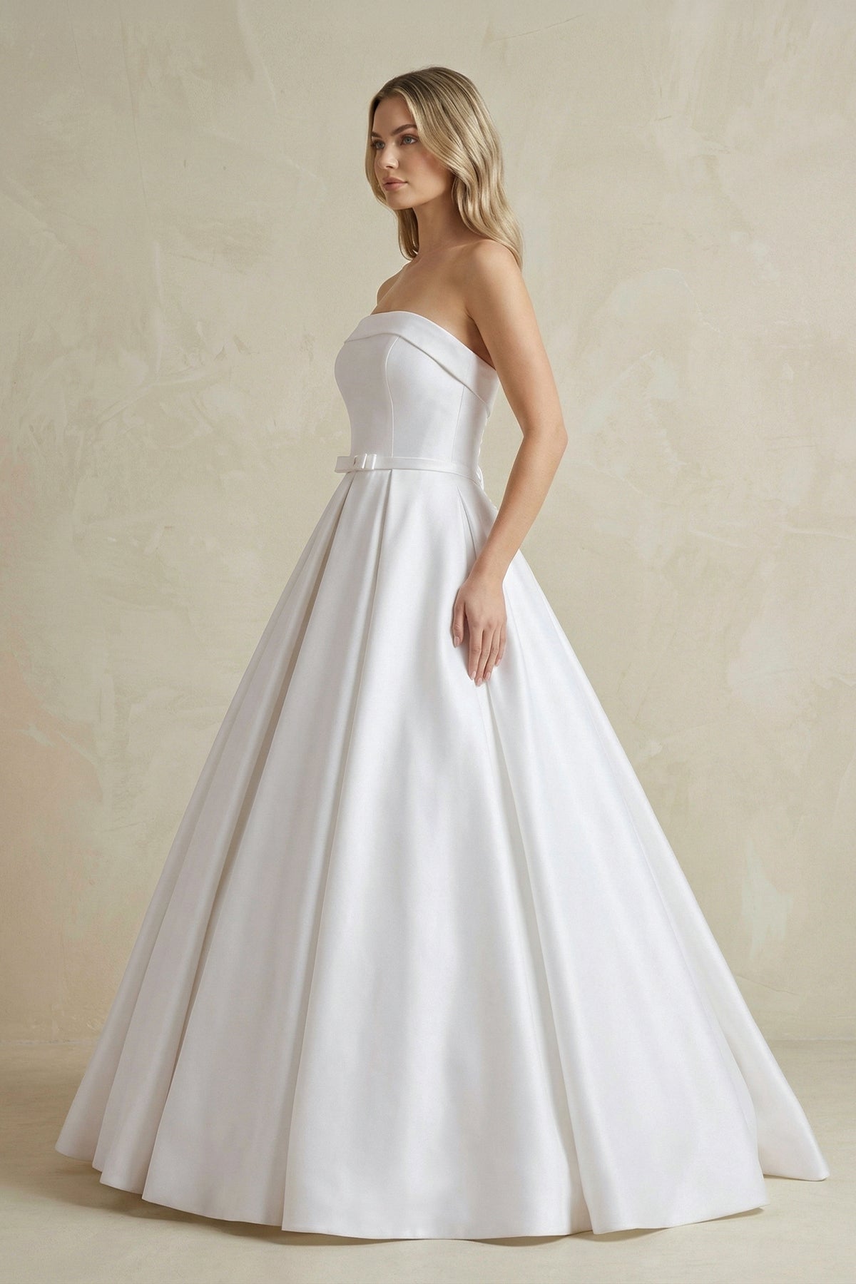 Gown Corset Strapless Floor Length Wedding Dress with Delicate Bow Belt