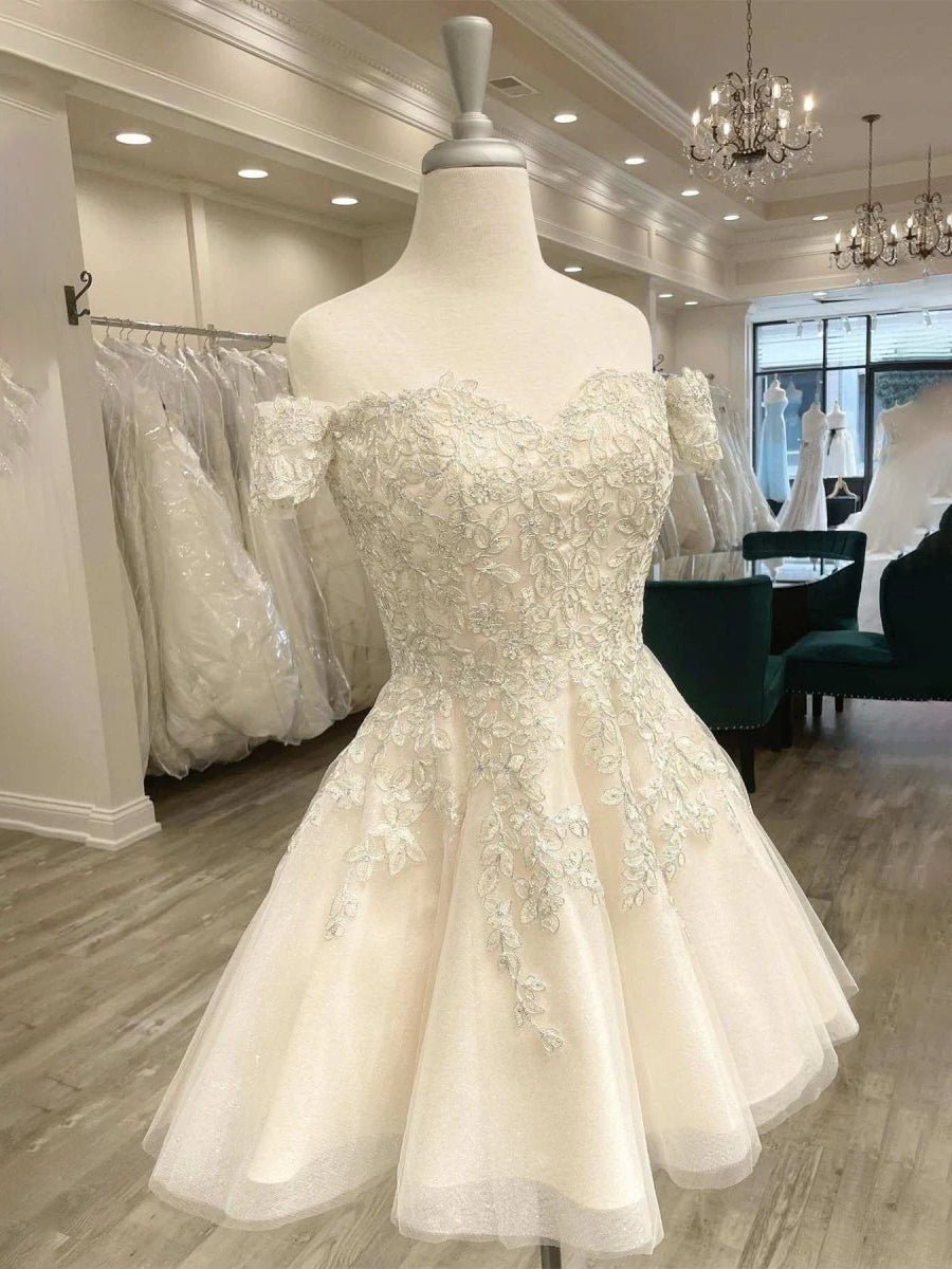 Lace White Appliques A-Line Short Wedding Dress
