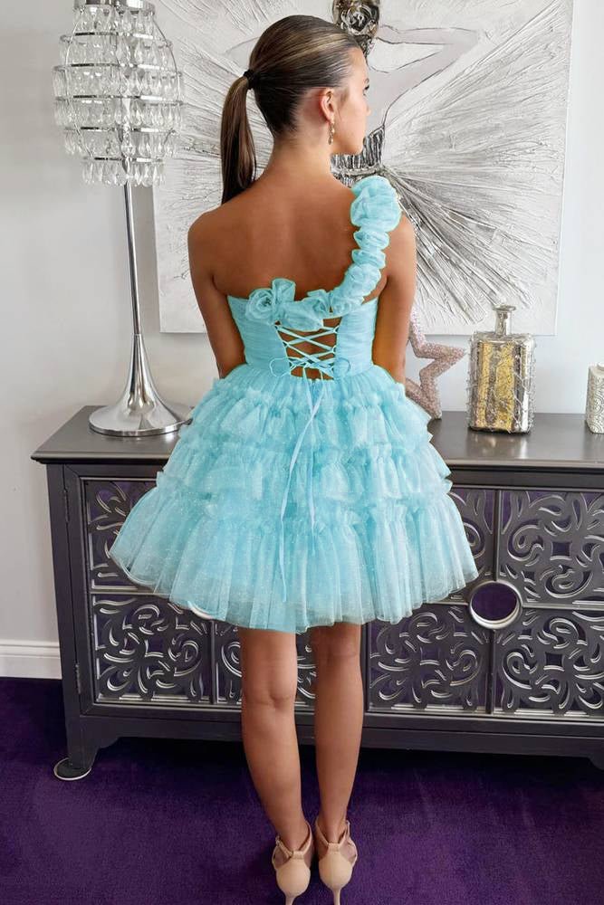 Princess Yellow One Shoulder Knotted Ruffle Short Party Dress