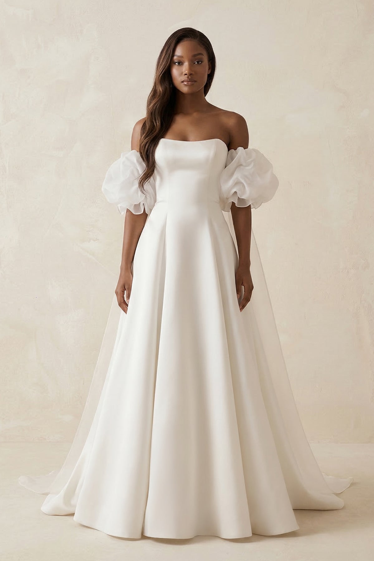 Puff Sleeves Off-the-Shoulder Satin A-Line Wedding Dress in White