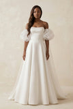 Puff Sleeves Off-the-Shoulder Satin A-Line Wedding Dress in White