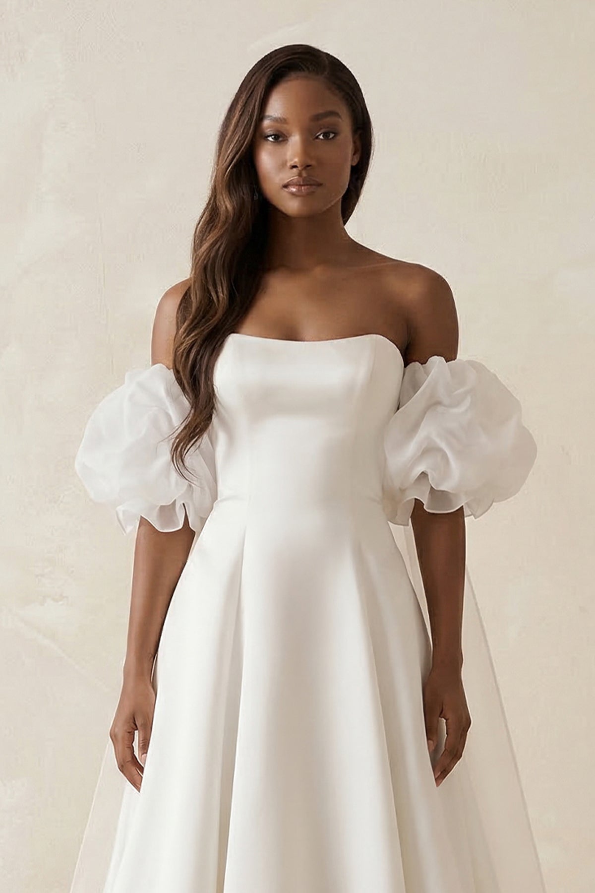 Puff Sleeves Off-the-Shoulder Satin A-Line Wedding Dress in White