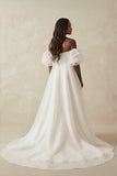 Puff Sleeves Off-the-Shoulder Satin A-Line Wedding Dress in White