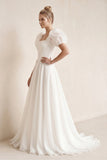 Charming A-Line Square Neck Short Sleeves Wedding Dresses with Train