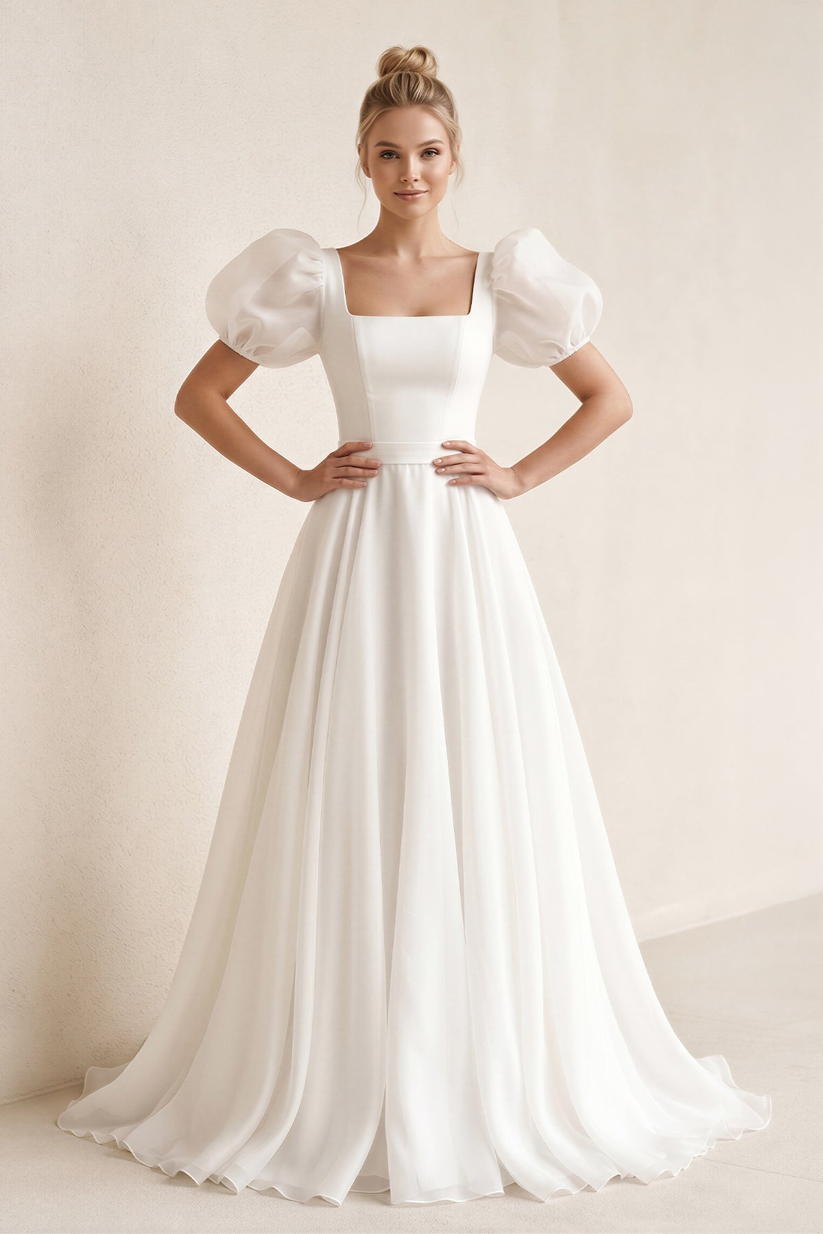 Charming A-Line Square Neck Short Sleeves Wedding Dresses with Train