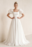 Charming A-Line Square Neck Short Sleeves Wedding Dresses with Train