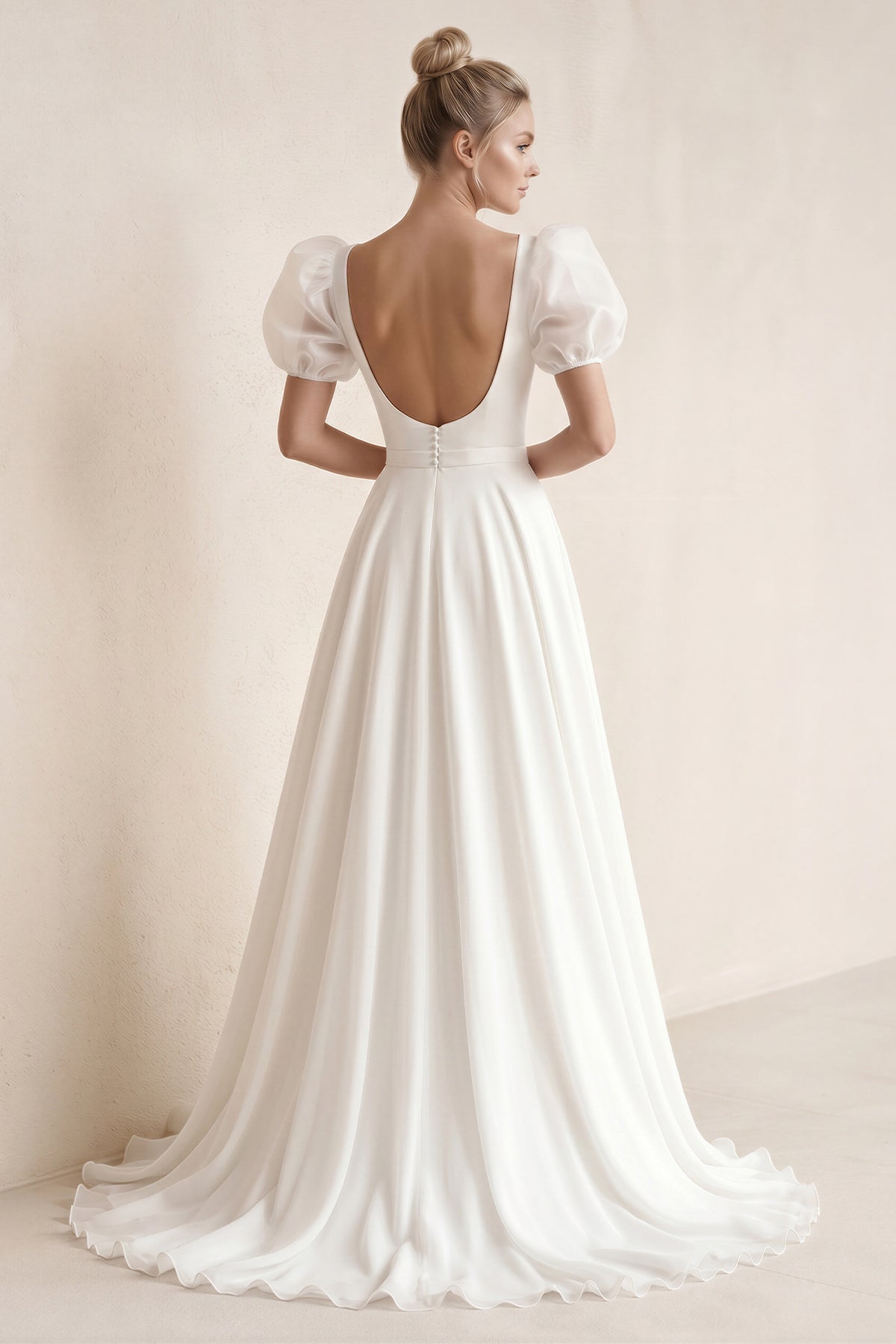 Charming A-Line Square Neck Short Sleeves Wedding Dresses with Train