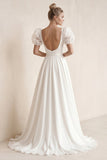 Charming A-Line Square Neck Short Sleeves Wedding Dresses with Train