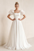 Charming A-Line Square Neck Short Sleeves Wedding Dresses with Train