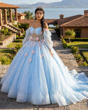 Puffy Blue Organza Ball Gown Beaded Off-the-Shoulder Quinceanera Dress