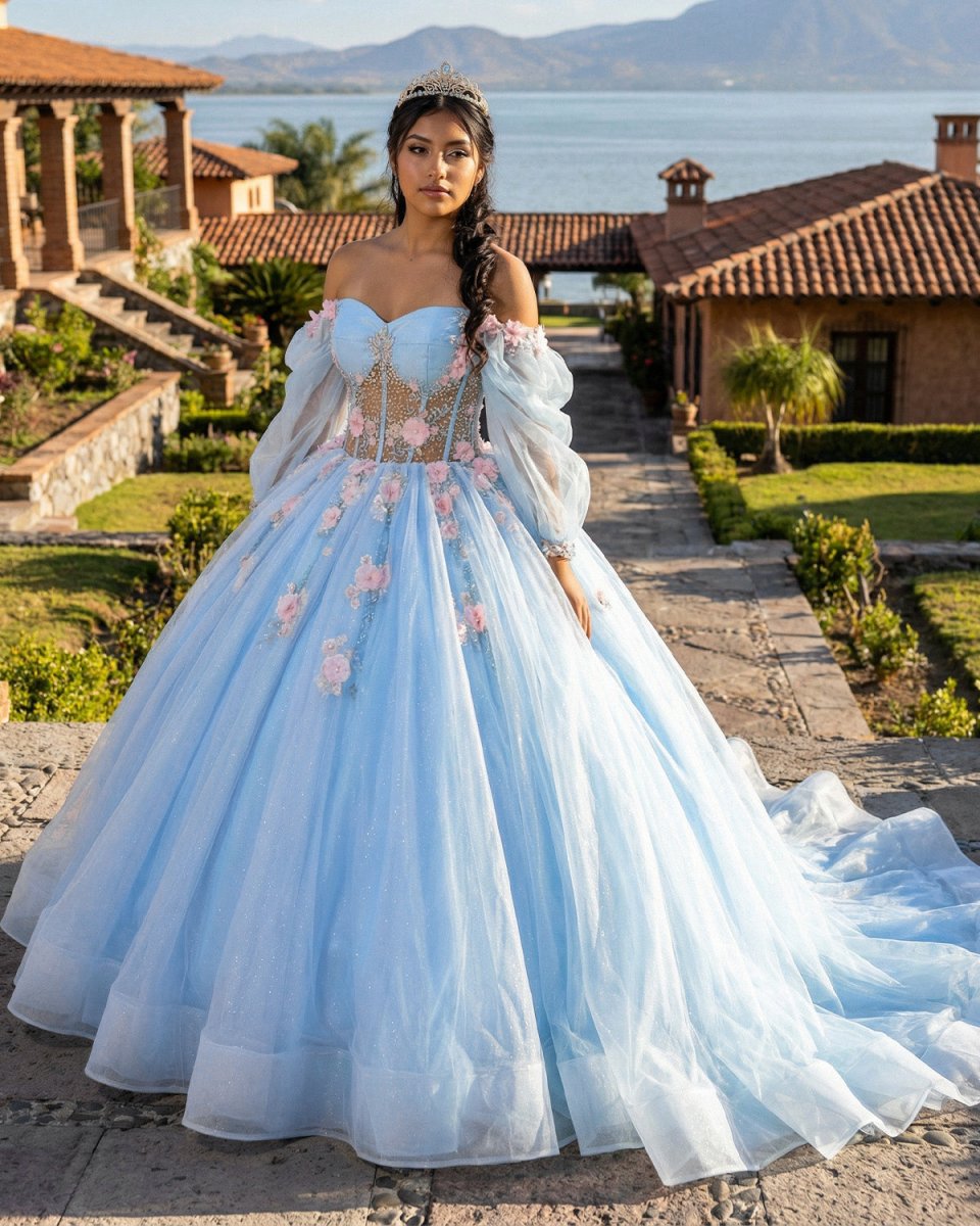 Puffy Blue Organza Ball Gown Beaded Off-the-Shoulder Quinceanera Dress