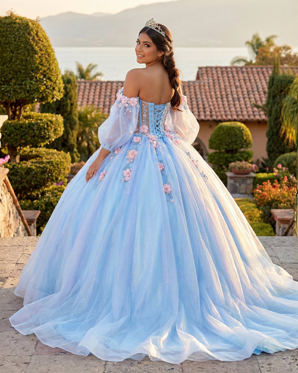 Puffy Blue Organza Ball Gown Beaded Off-the-Shoulder Quinceanera Dress