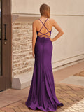 Mermaid Spaghetti Straps Satin Prom Dress with Slit