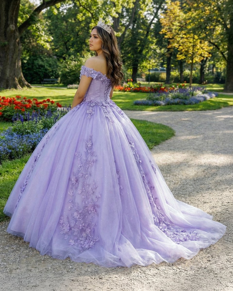 Lavender Off The Shoulder Tulle Appliques Ball Gown Dress