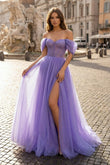 Purple Tulle Long A-Line Prom Dress Off the Shoulder Evening Party Dress